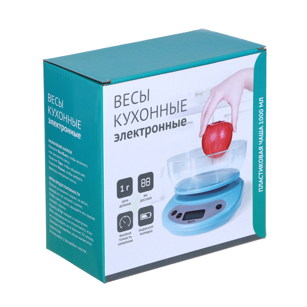 Весы кухонные электронные, ЖК-дисплей, пластиковая чаша 1л, нагрузка до 5кг, 3 цвета, арт.№ 487-002