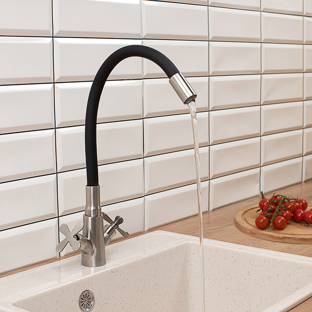 СоюзКран Смеситель для кухни, силиконовый излив, кер. кран-буксы 1/2, черный, нерж.сталь, SS01-С242, арт.№ 567-003