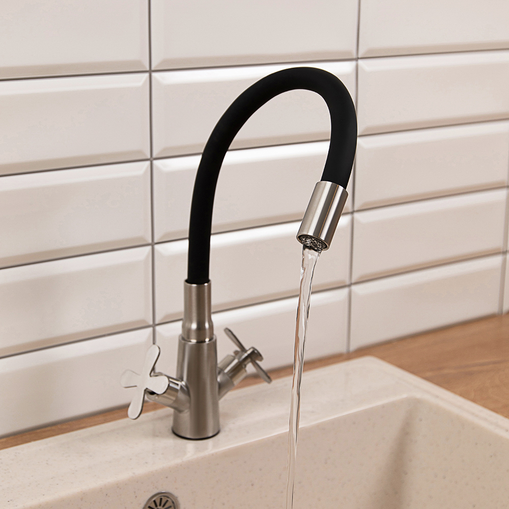 СоюзКран Смеситель для кухни, силиконовый излив, кер. кран-буксы 1/2, черный, нерж.сталь, SS01-С242, арт.№ 567-003