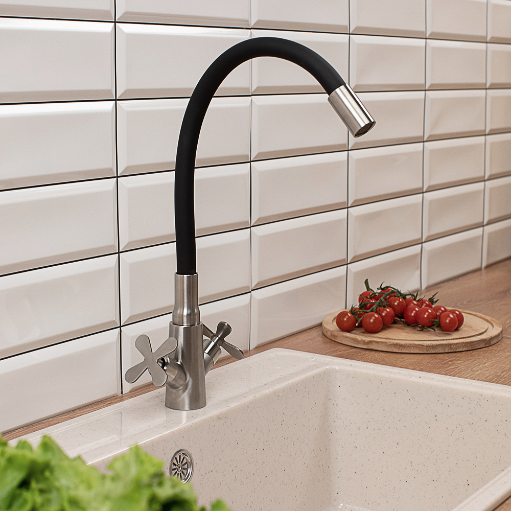 СоюзКран Смеситель для кухни, силиконовый излив, кер. кран-буксы 1/2, черный, нерж.сталь, SS01-С242, арт.№ 567-003