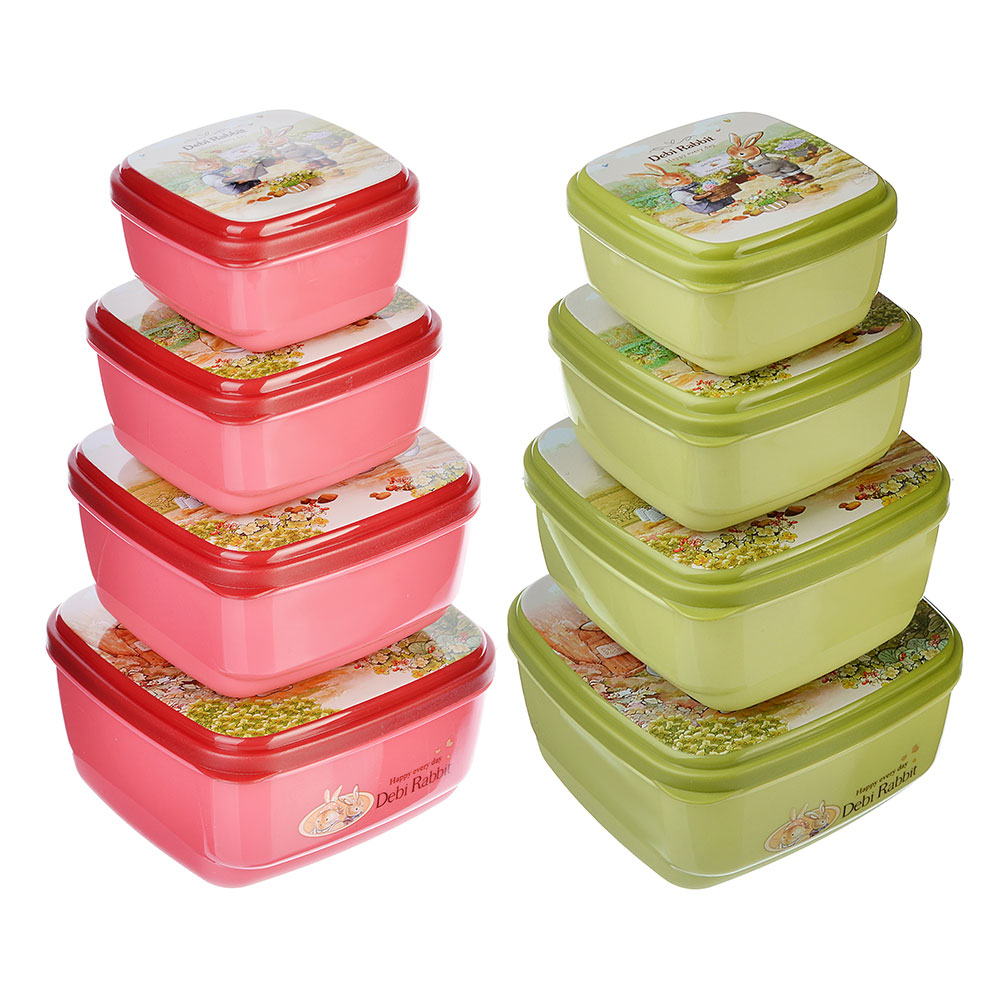 Набор контейнеров с крышками "Зайчата", 4шт, квадратный (530 мл, 380мл,220мл, 130мл),  полипропилен, арт.№ 829-182