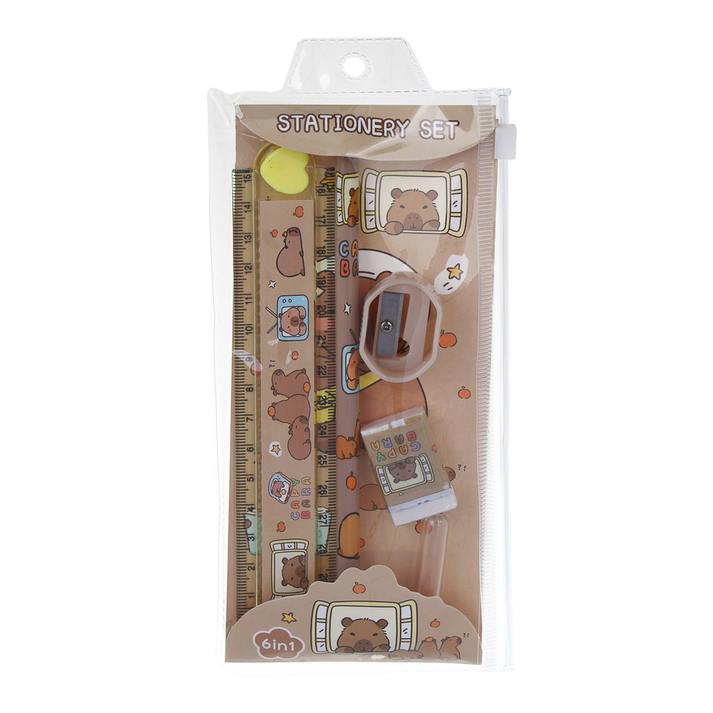 Набор канцелярский 4 пр., линейка раскладная, ластик, точилка, карандаш ч/гр "Капибара", ПВХ пенал, арт.№ 607-076