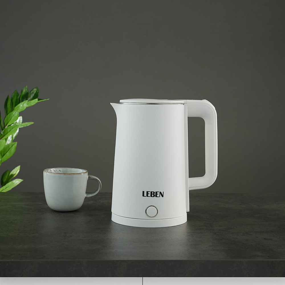 LEBEN Чайник электрический 1,8л, 1850Вт, скрытый нагревательный элемент, белый пластик, арт.№ 291-040
