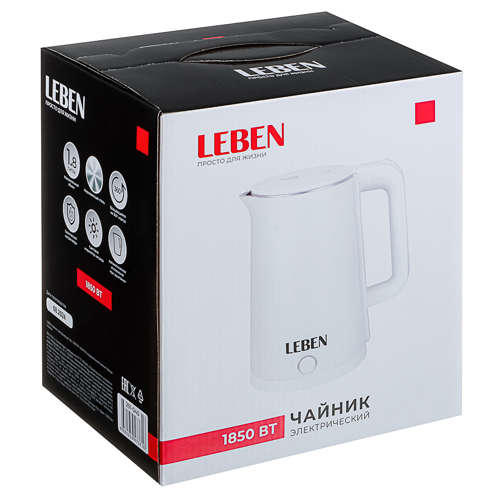 LEBEN Чайник электрический 1,8л, 1850Вт, скрытый нагревательный элемент, белый пластик, арт.№ 291-040