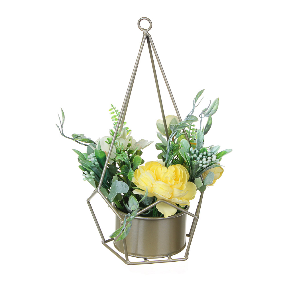 LADECOR Цветочная композиция в металлическом кашпо, с подвесом, 4 цвета, 14,5х29,5 см, арт.№ 501-492