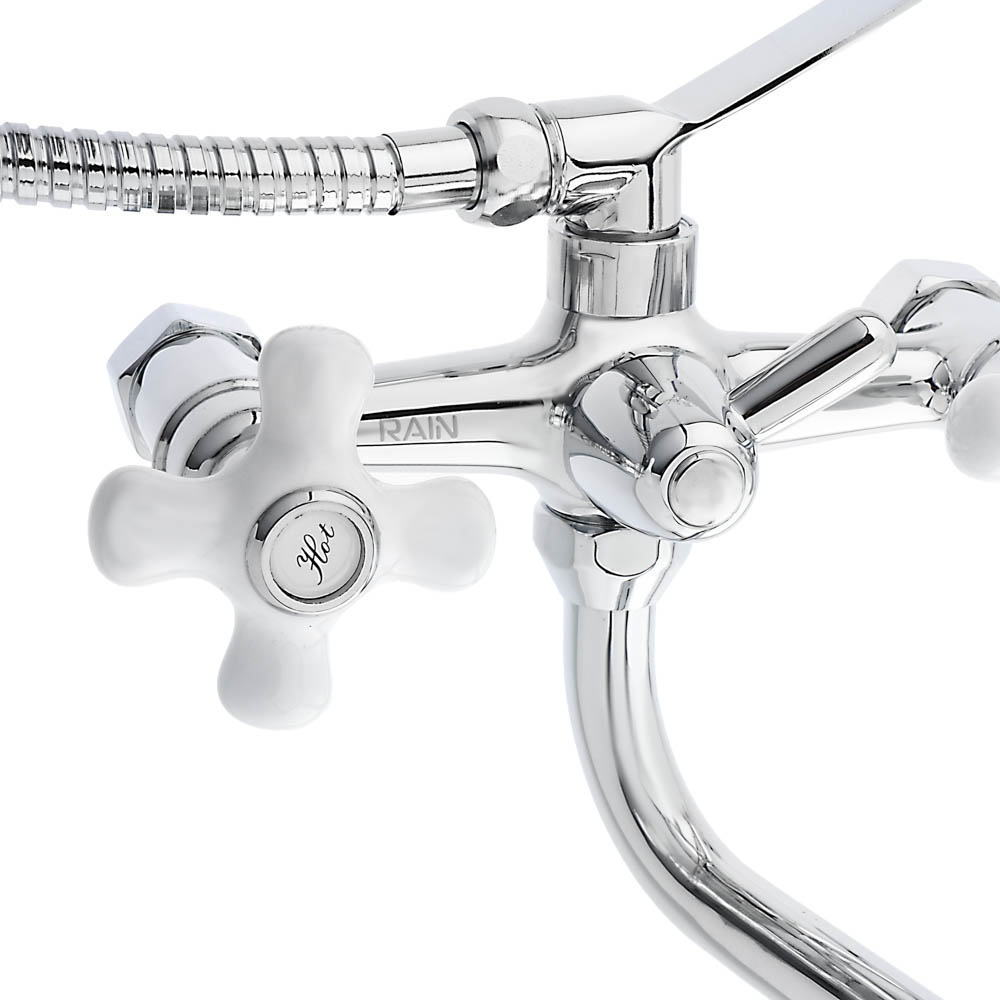 RAIN Смеситель для ванны Венера, круглый излив 35см, керам. кран-буксы 1/2, душ. набор, латунь, хром, арт.№ 561-279