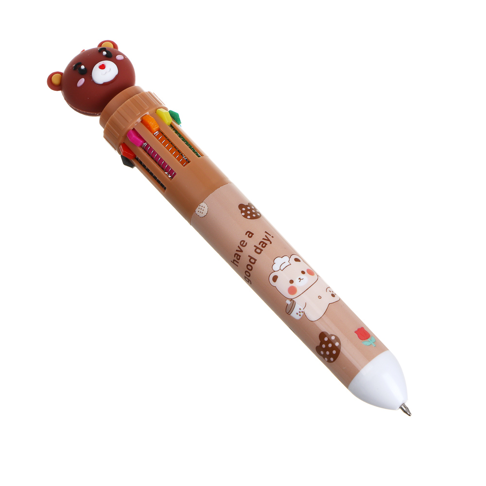 Ручка шариковая 10-цветная, с фигуркой "Мишка", 4 дизайна, арт.№ 591-229