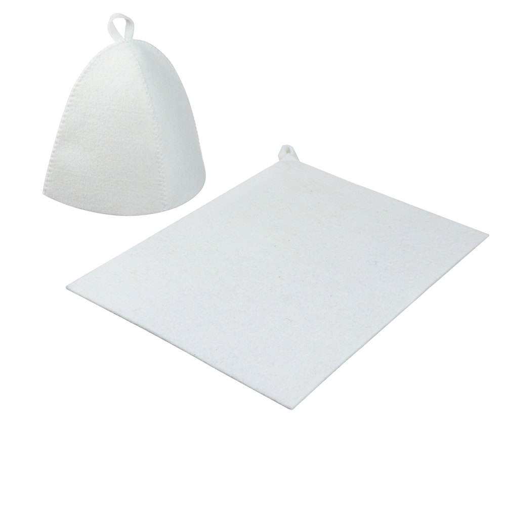 Набор банный ЭКОНОМ 2 предмета без вышивки (шапка, коврик) в пакете, войлок белый/серый, арт.№ 364-294