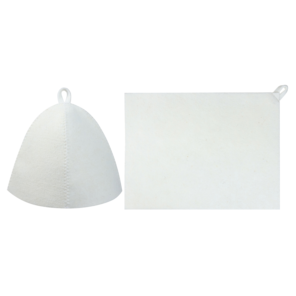 Набор банный ЭКОНОМ 2 предмета без вышивки (шапка, коврик) в пакете, войлок белый/серый, арт.№ 364-294