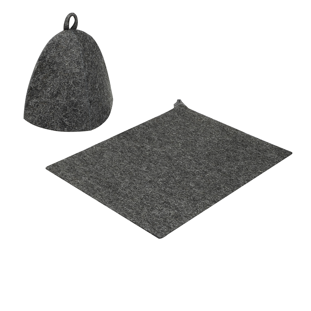 Набор банный ЭКОНОМ 2 предмета без вышивки (шапка, коврик) в пакете, войлок белый/серый, арт.№ 364-294