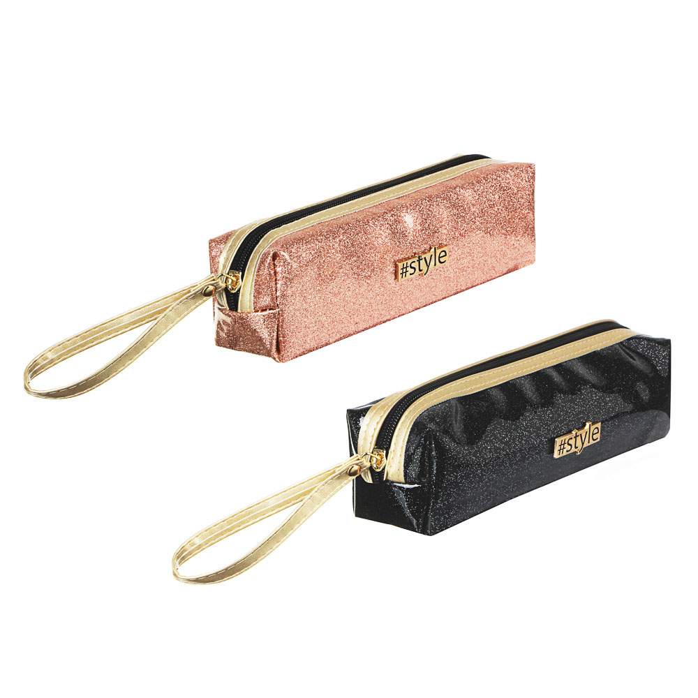 Пенал прямоугольный, 21х7х5 см, ПУ с блестками, эмблема, ручка, 2 цвета, арт.№ 238-244