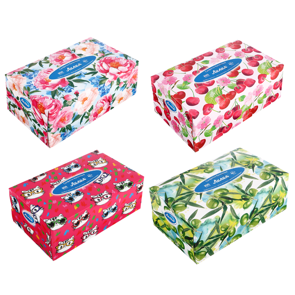 Салфетки бумажные двухслойные Лилия non-stop, 4 дизайна, 200л, арт.№ 912-030