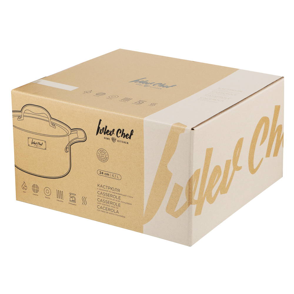 Ivlev Chef Ladoga Кастрюля 24х15см 6,1л, с нерж. крышкой, индукция, нерж.сталь 18/10, арт.№ 822-257