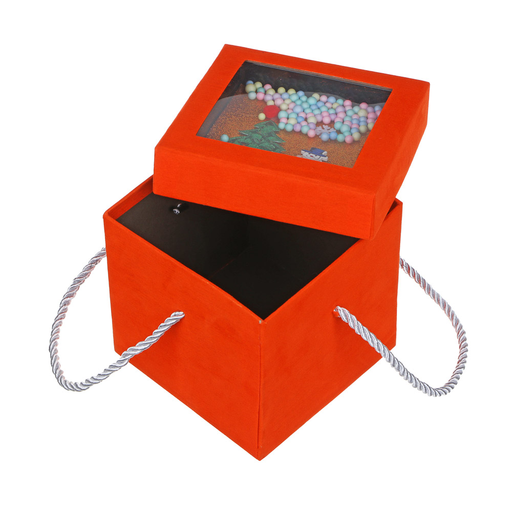 СНОУ БУМ Коробка подарочная бархатная, с ПВХ окном и декором внутри, 13x13x12,8 см, 4 цв.,квадратная, арт.№ 369-593