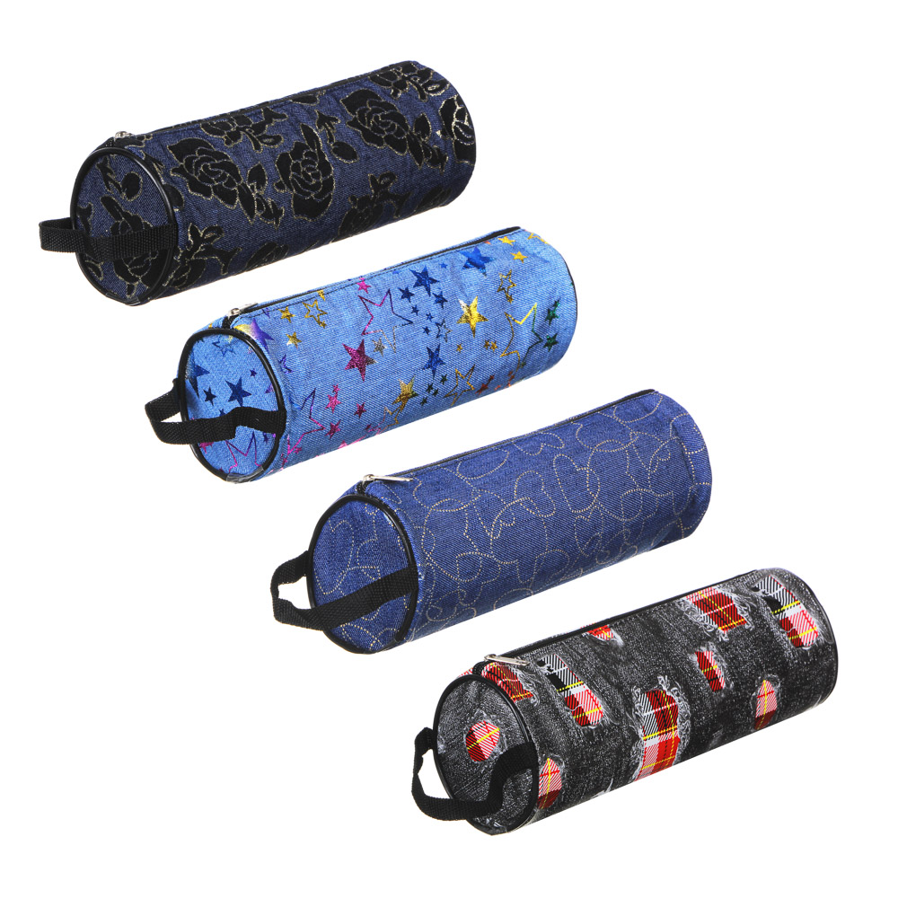 Пенал мягкий круглый, 21х7х7см, с ручкой, джинсовый материал, с антисмин. вклад., 4 дизайна, арт.№ 238-036