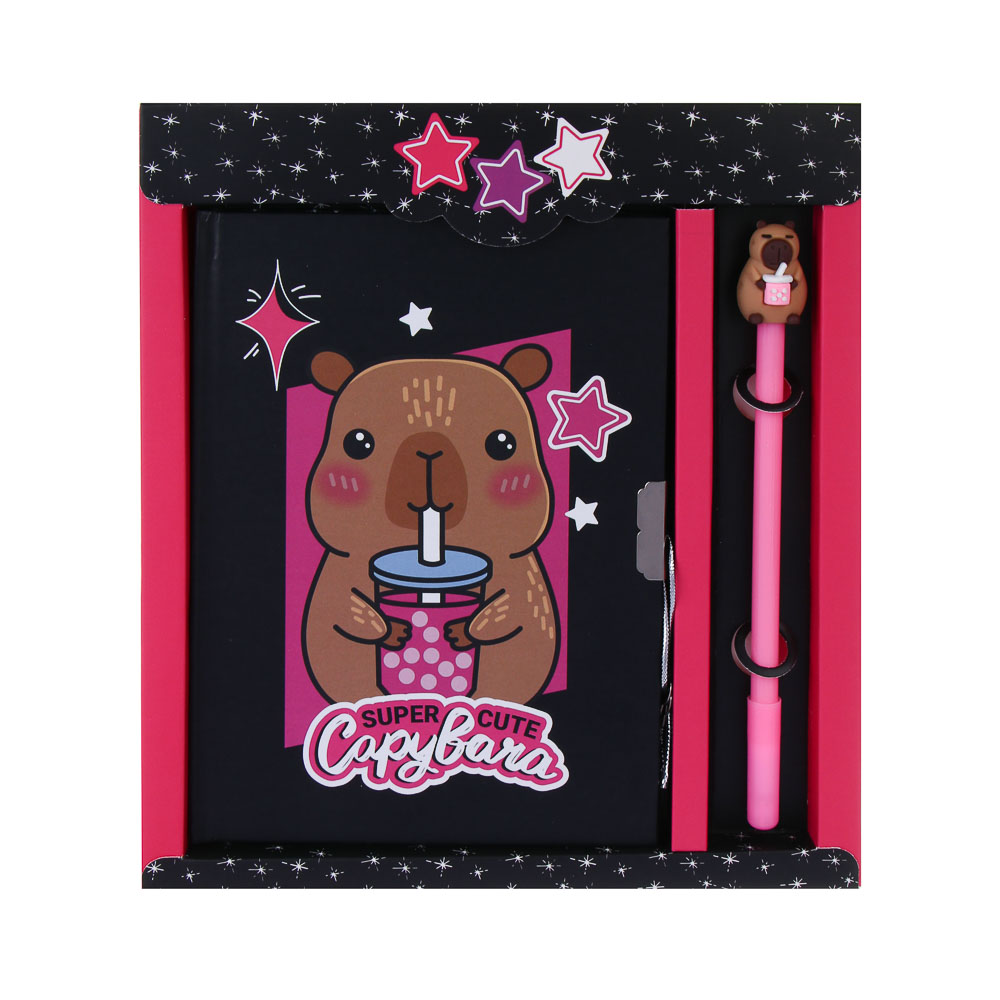 Записная книжка, 13х18 см, с замком, "Панда/Капибара", с фигурной ручкой, в коробке, арт.№ 524-297