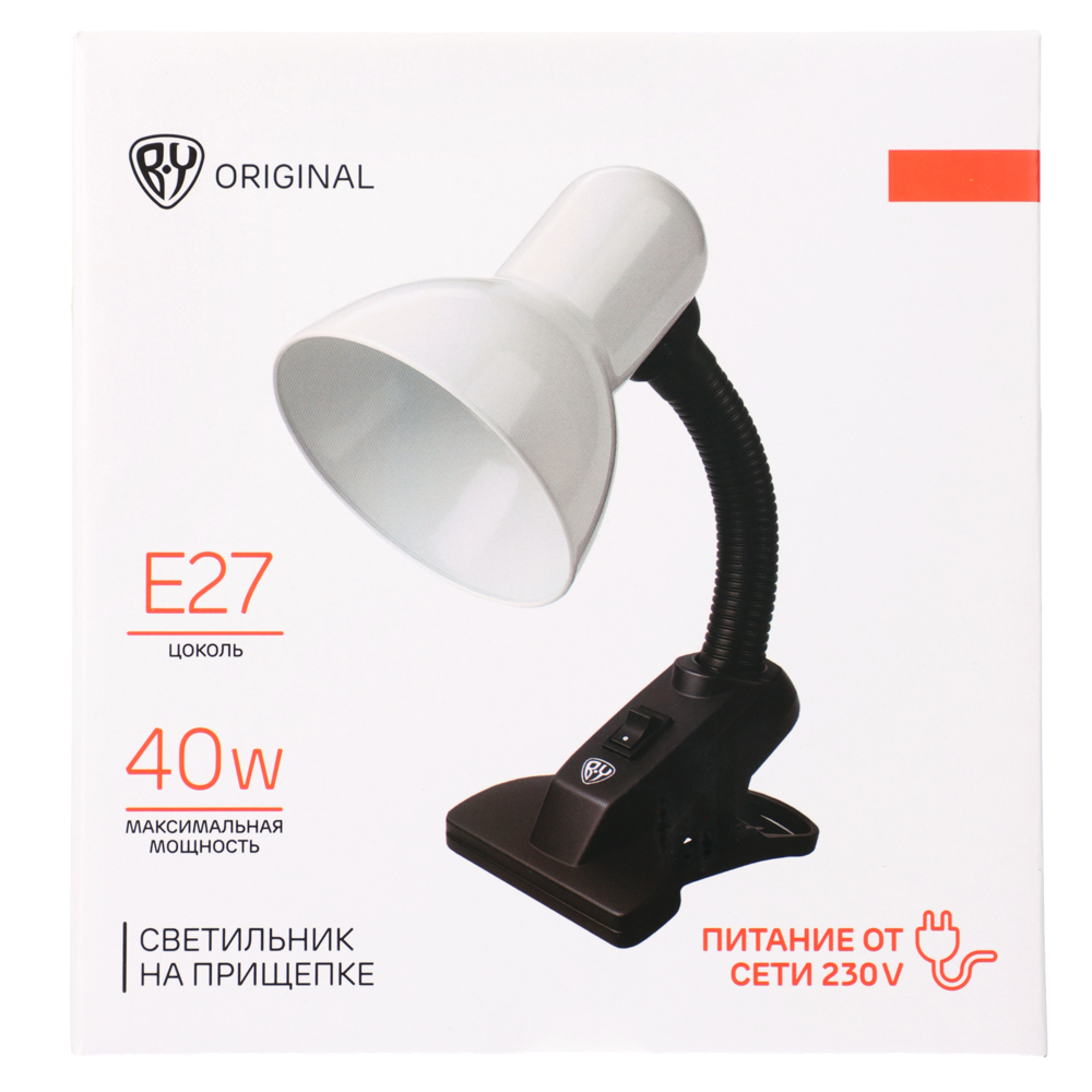 Светильник на прищепке BY, E27, 40 Вт, 230 В, гнущаяся ножка 10 см, шнур 75 см, белый, арт.№ 476-443