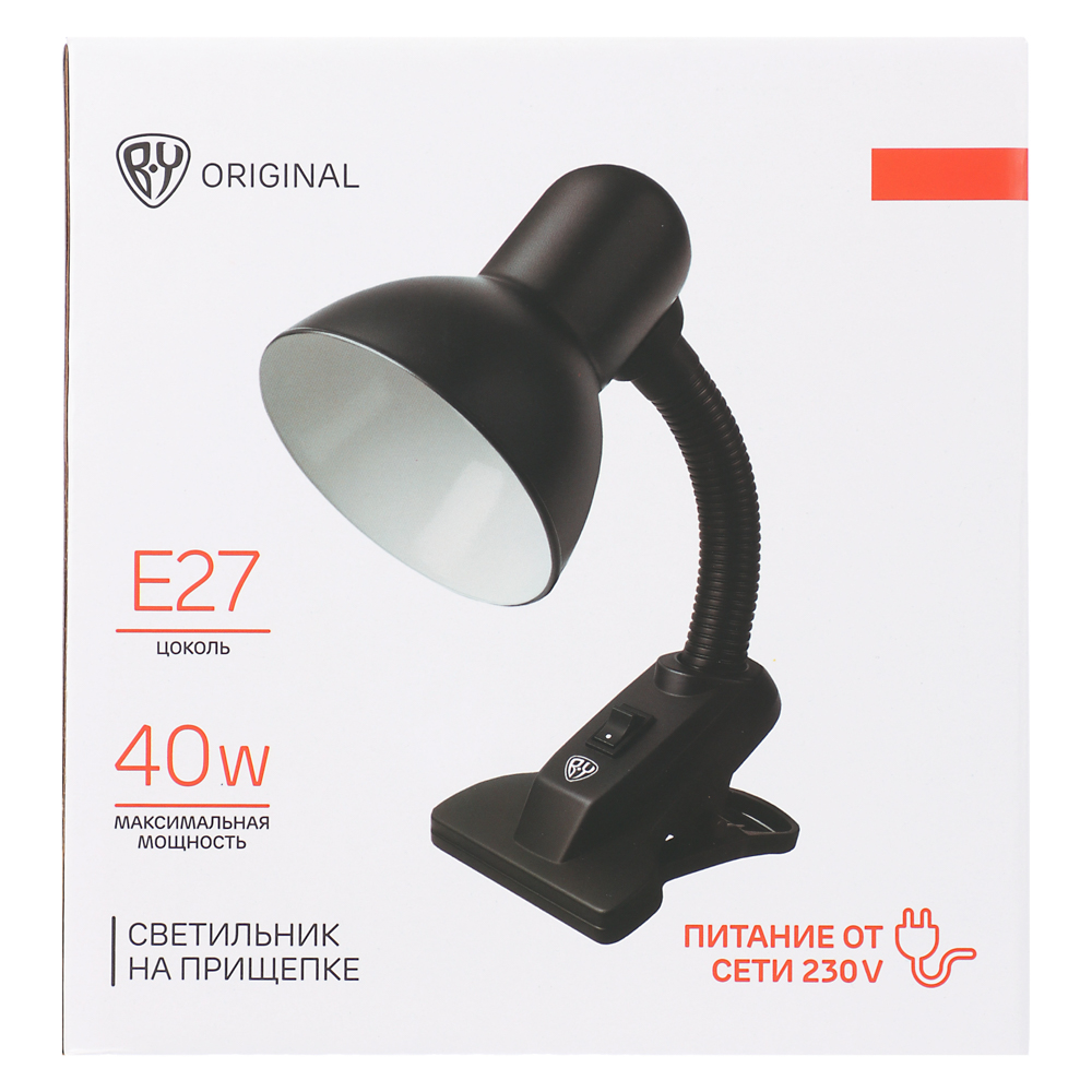 Светильник на прищепке BY, E27, 40 Вт, 230 В, гнущаяся ножка 10 см, шнур 75 см, черный, арт.№ 476-444