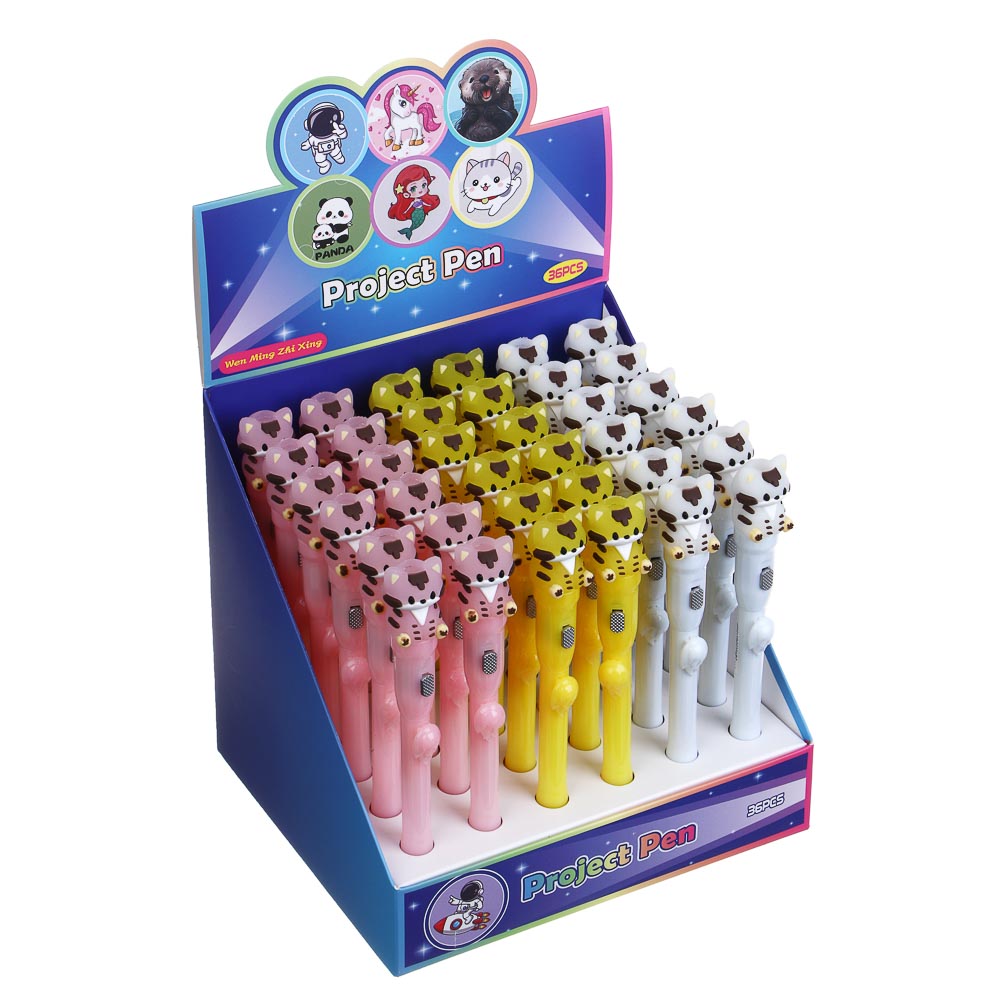 Ручка шариковая синяя с проекцией "Котик", 3 дизайна, шоу-бокс, арт.№ 591-249