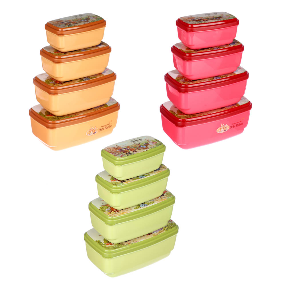 Набор контейнеров с крышками "Зайчата", 4шт, прямоугольный (530 мл, 380мл,230мл, 130мл),полипропилен, арт.№ 829-183