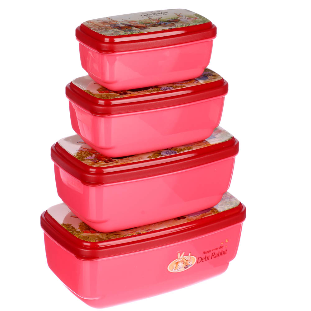 Набор контейнеров с крышками "Зайчата", 4шт, прямоугольный (530 мл, 380мл,230мл, 130мл),полипропилен, арт.№ 829-183