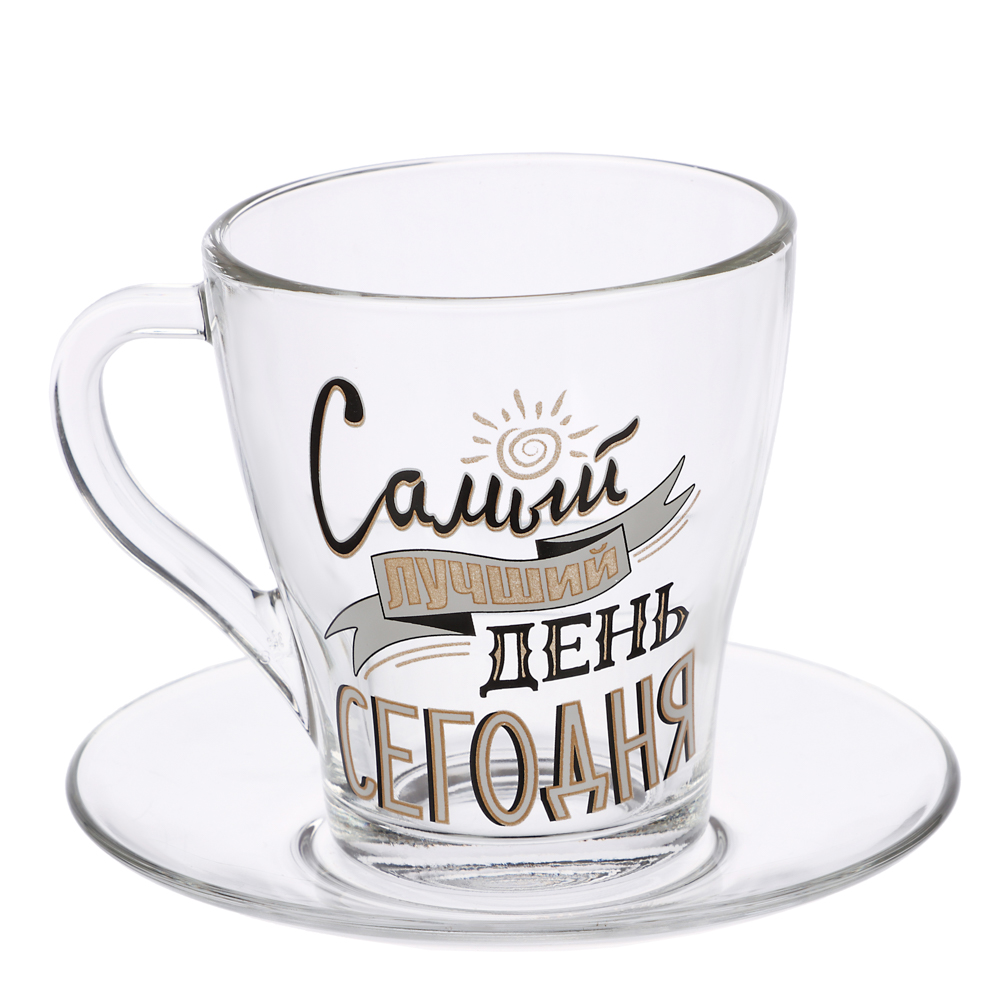 ОСЗ На позитиве  Чайная пара (кружка 250мл + блюдце D-13,2см), стекло, 5 дизайнов, арт.№ 878-584