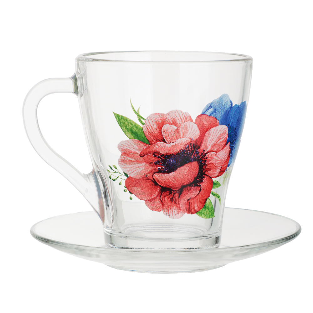 ОСЗ Анемоны Чайная пара (кружка 250 мл + блюдце D-13,2 см), стекло, 3 дизайна, арт.№ 878-585