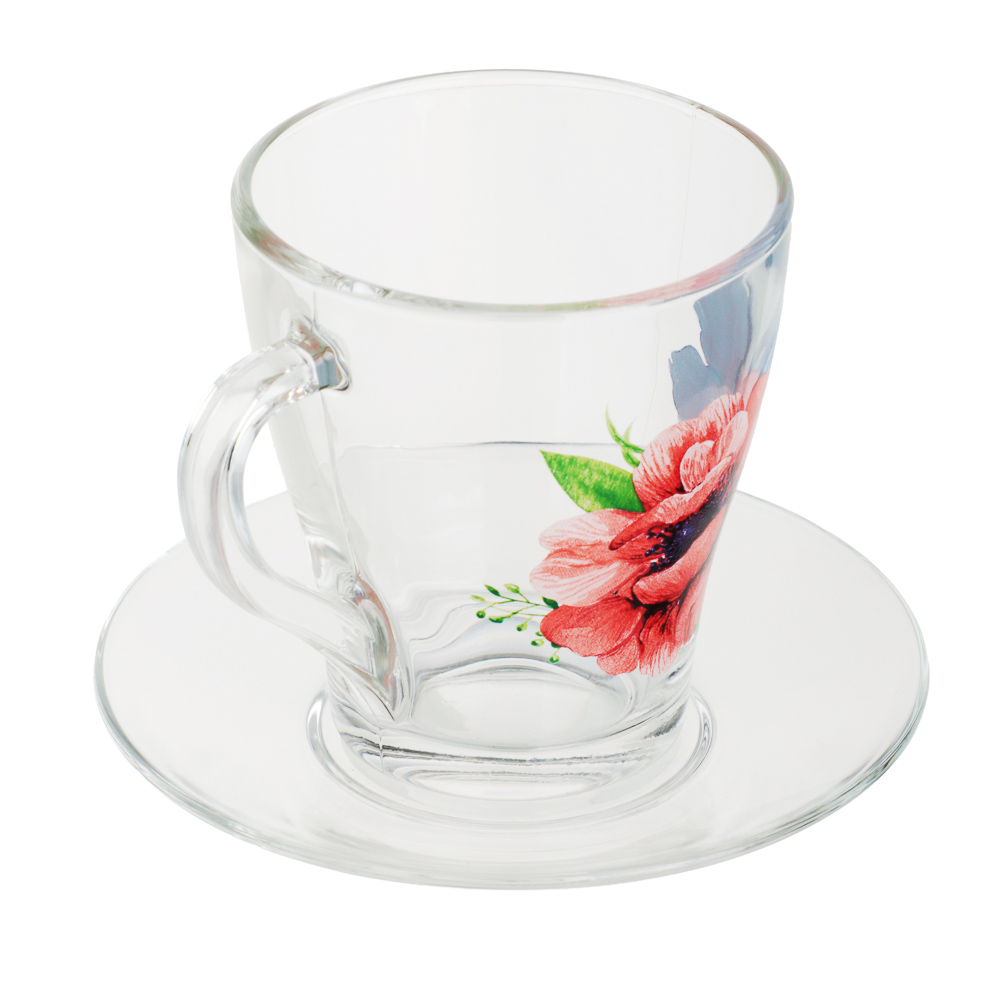 ОСЗ Анемоны Чайная пара (кружка 250 мл + блюдце D-13,2 см), стекло, 3 дизайна, арт.№ 878-585