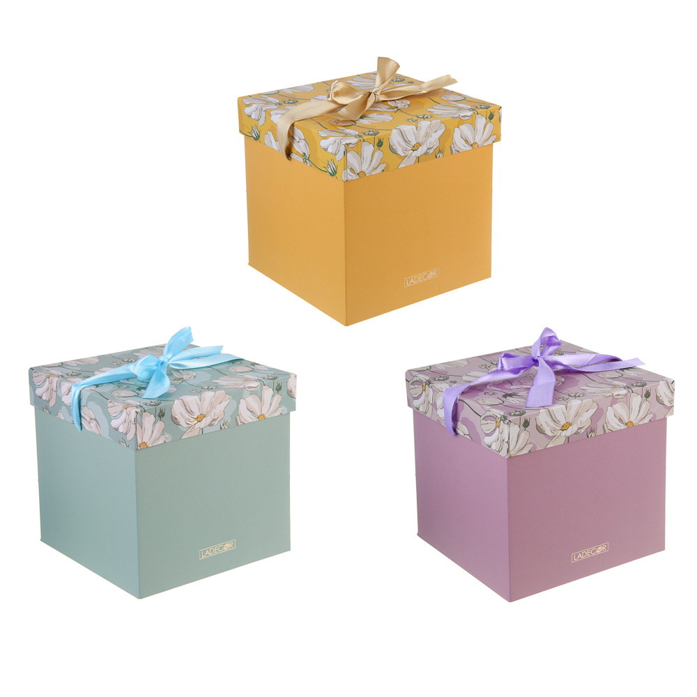 Коробка подарочная складная с лентой, бумага с фольгированным слоем, 15х15х15см, 3 цвета, арт К1, арт.№ 207-221