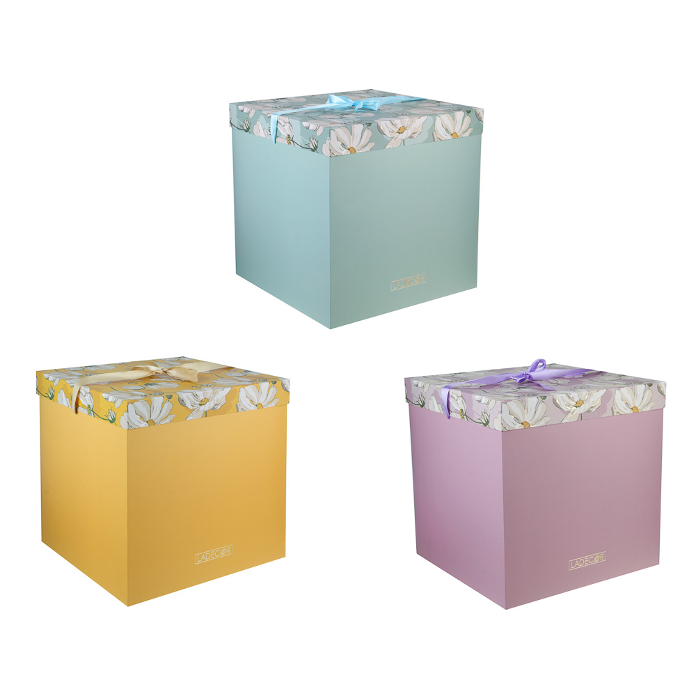 Коробка подарочная складная с лентой, бумага с фольгированным слоем, 30х30х30см, 3 цвета, арт К1, арт.№ 207-222