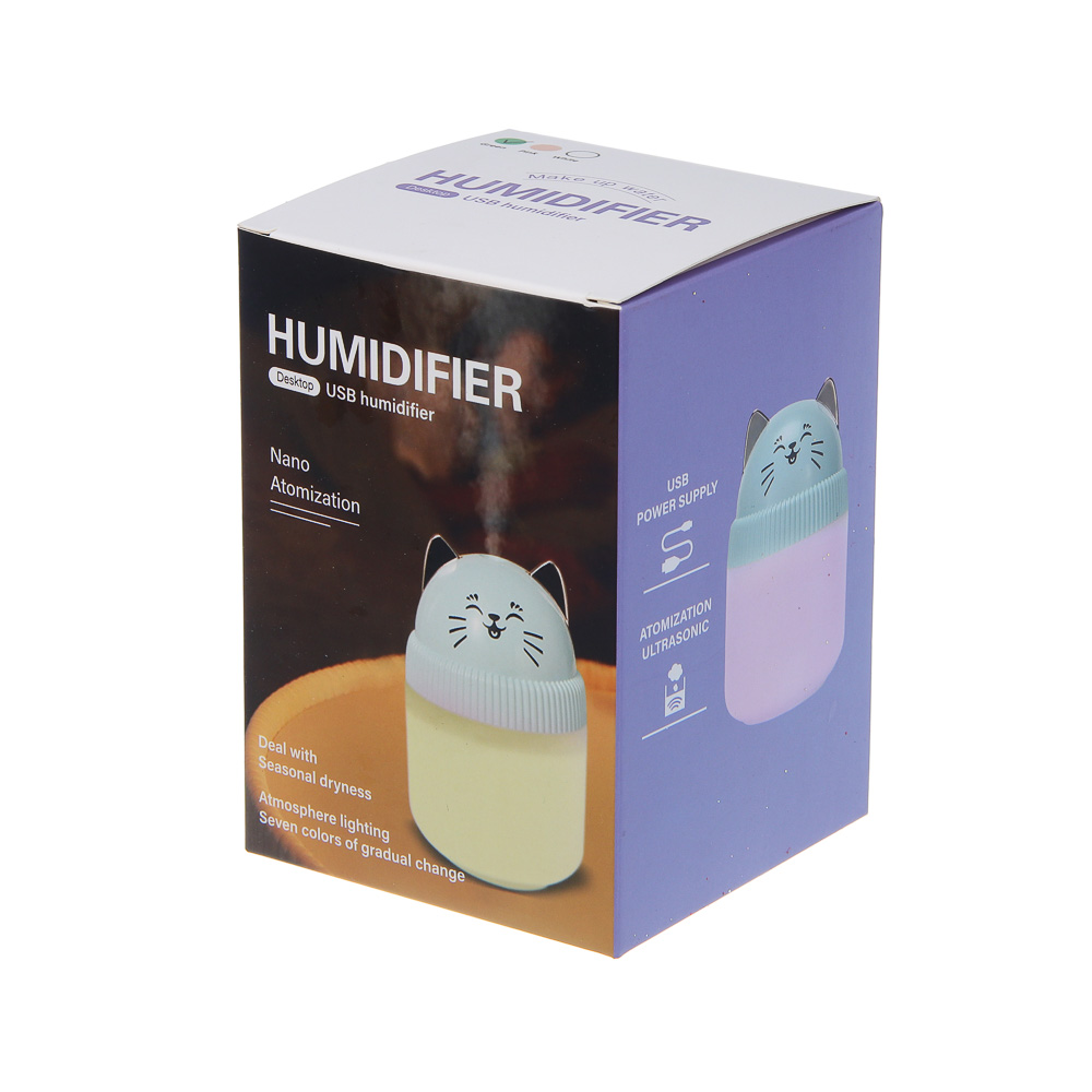 LEBEN Увлажнитель воздуха Котик, 220мл, подсветка, 11x8x8см, питание 5В/0.4А от USB, 2Вт, арт.№ 246-013