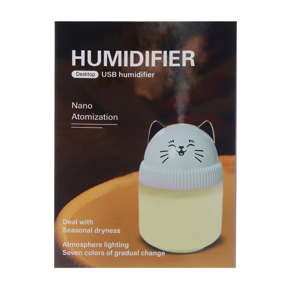 LEBEN Увлажнитель воздуха Котик, 220мл, подсветка, 11x8x8см, питание 5В/0.4А от USB, 2Вт, арт.№ 246-013