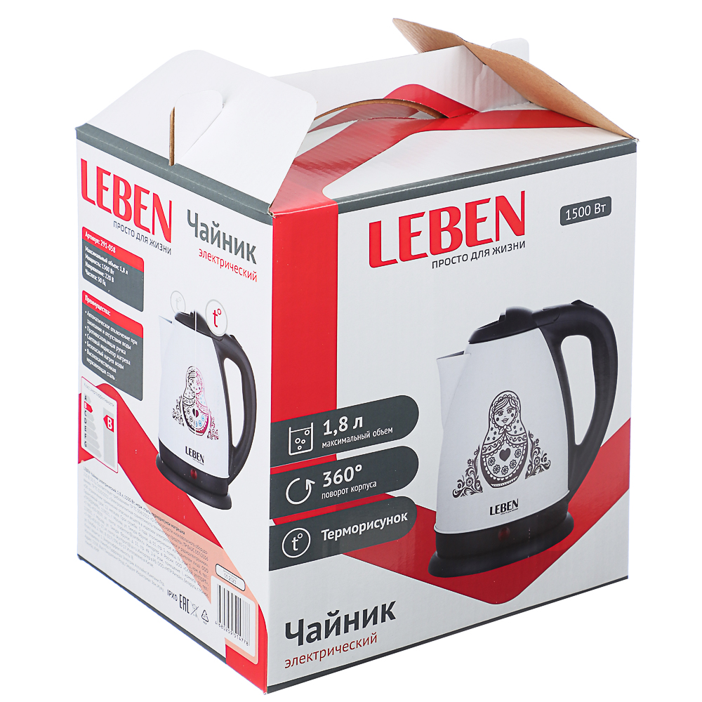 LEBEN Чайник электрический 1,8л, 1500Вт, нерж. сталь, терморисунок матрешка, арт.№ 291-058