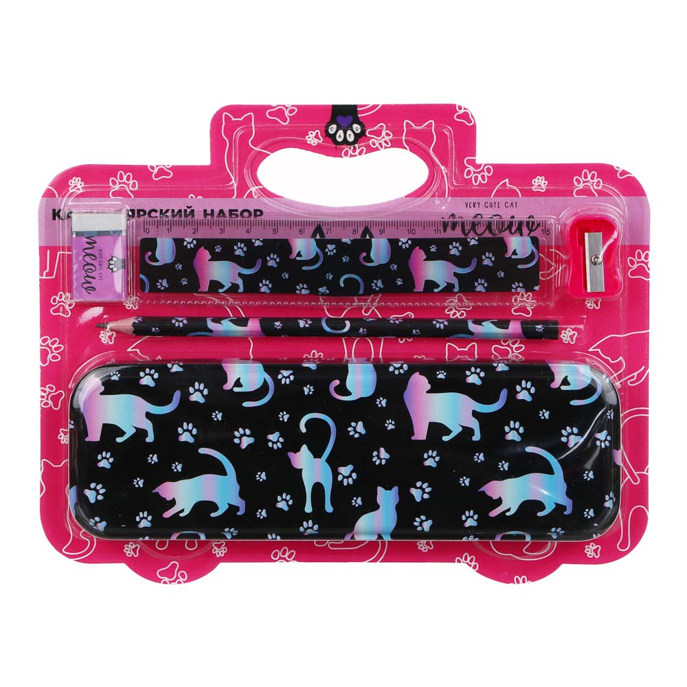 МИЛЫЙ КОТИК Набор канцелярский, 5 предметов, пластиковый кейс, арт.№ 234-064