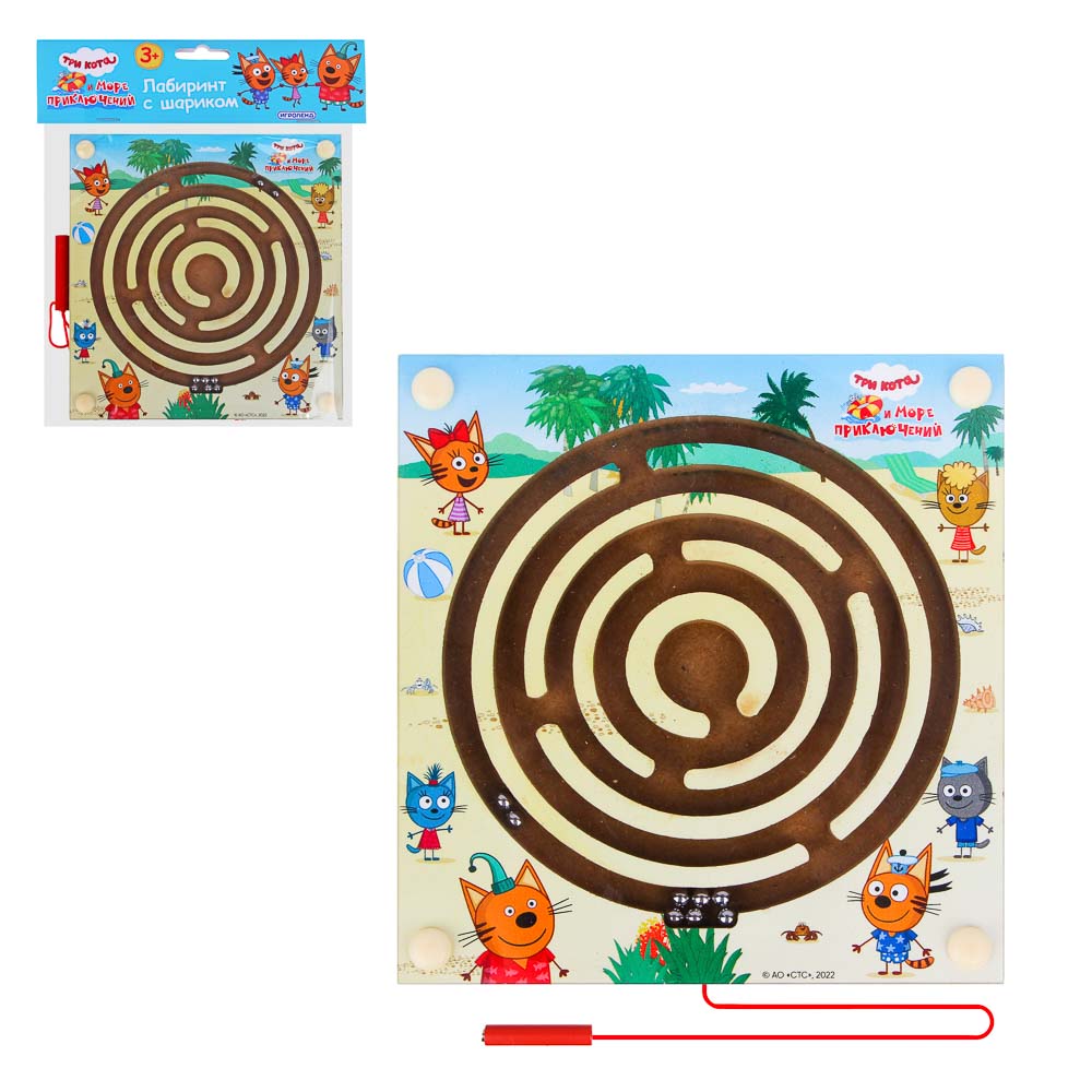 ИГРОЛЕНД Лабиринт с шариком "Три кота и море приключений", дер., пласт, мет, 14,5х15см, 4 диз, арт.№ 897-084
