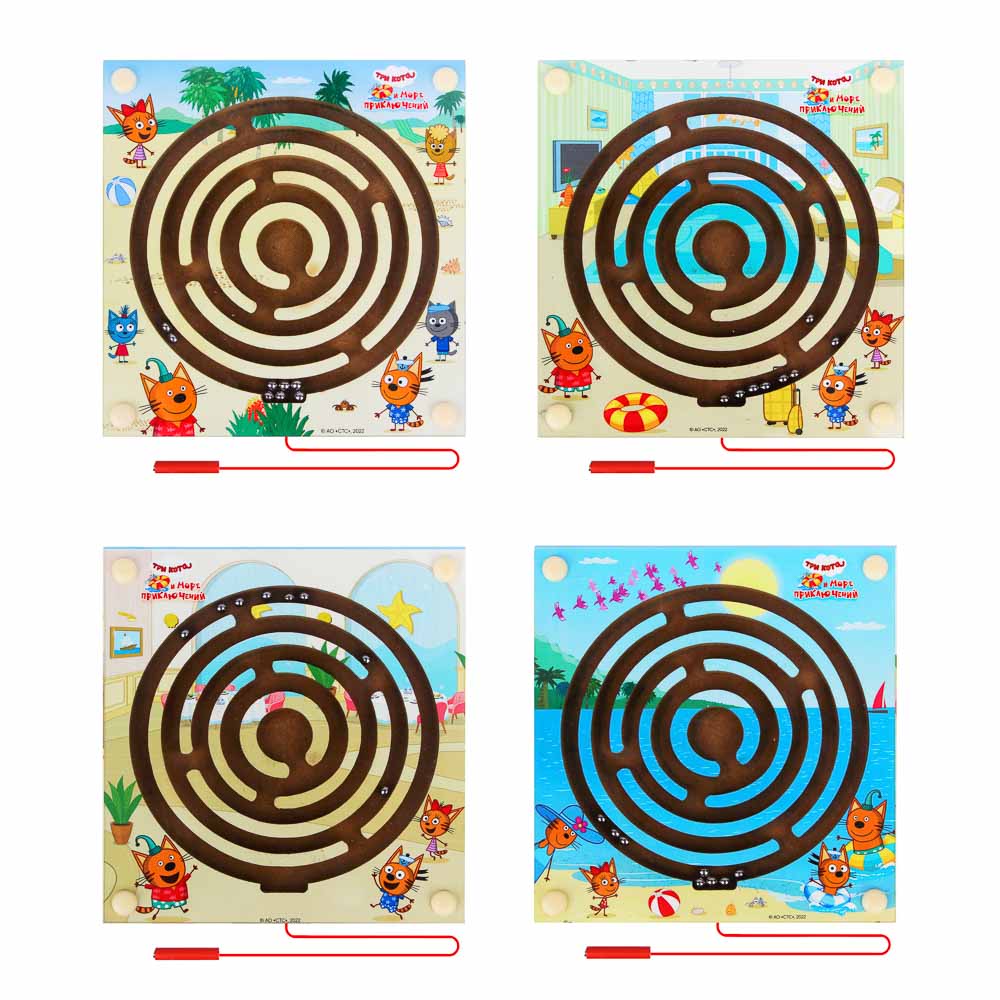 ИГРОЛЕНД Лабиринт с шариком "Три кота и море приключений", дер., пласт, мет, 14,5х15см, 4 диз, арт.№ 897-084