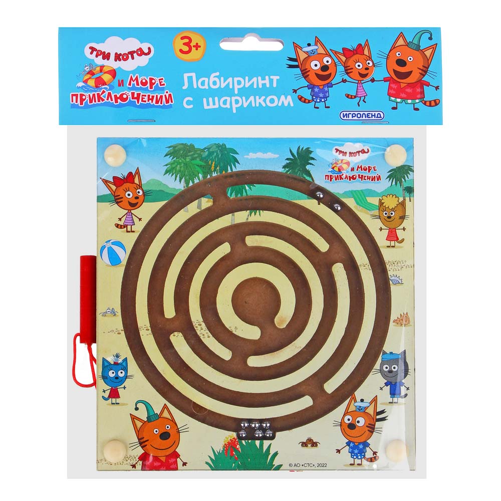 ИГРОЛЕНД Лабиринт с шариком "Три кота и море приключений", дер., пласт, мет, 14,5х15см, 4 диз, арт.№ 897-084
