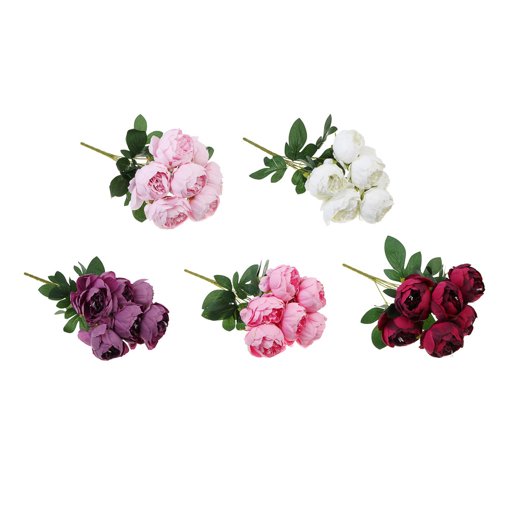 LADECOR Цветок искусственный, пион, букет 7 цветков, 41 см, пластик, ткань, проволока, 5 цветов, арт.№ 426-008
