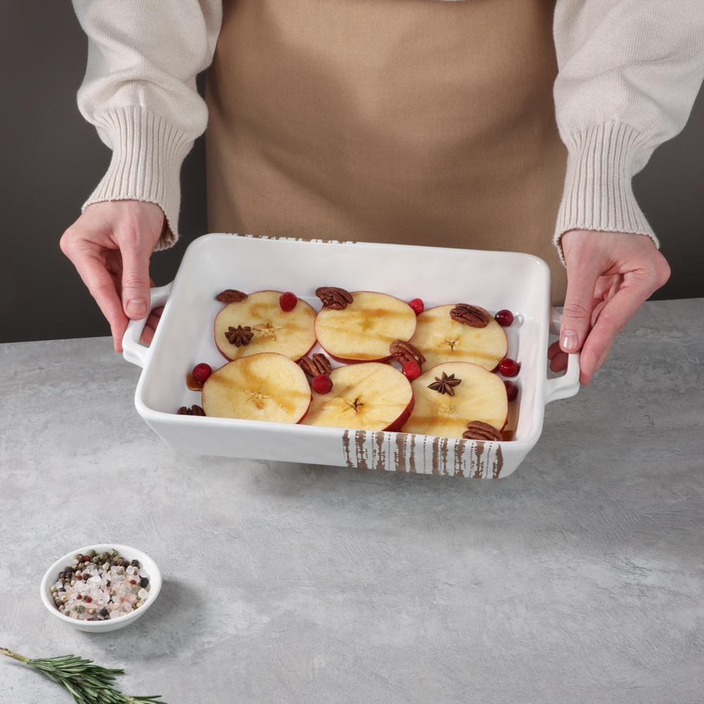 MILLIMI Форма для запекания и сервировки прямоугольная с ручками, керамика, 31х19х5,5 см, объем 1,4 л, белая, арт.№ 826-392