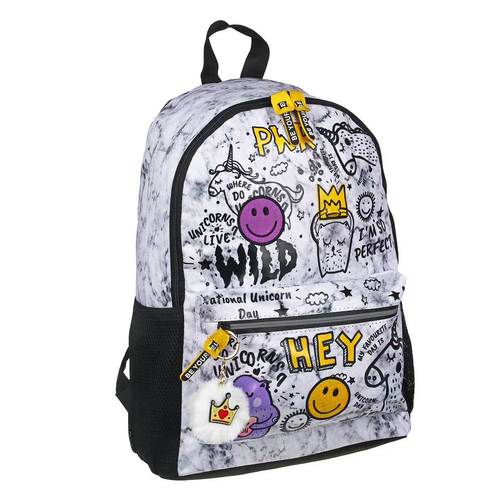 BY Рюкзак подростковый, 41x29x18см, "Смайлы и единороги", 1отд.,4карм., улучш.ПЭ, нашивки, брелок, арт.№ 254-497