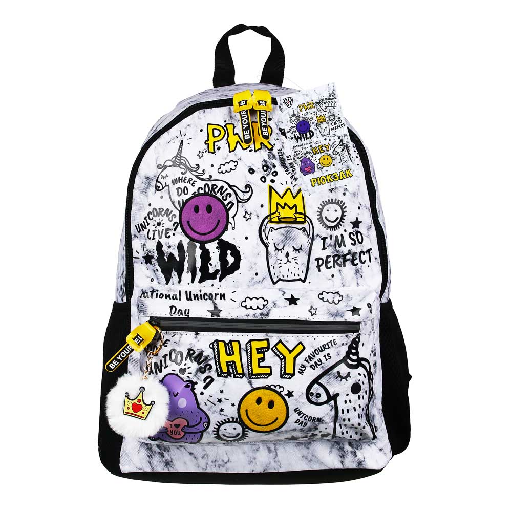 BY Рюкзак подростковый, 41x29x18см, "Смайлы и единороги", 1отд.,4карм., улучш.ПЭ, нашивки, брелок, арт.№ 254-497