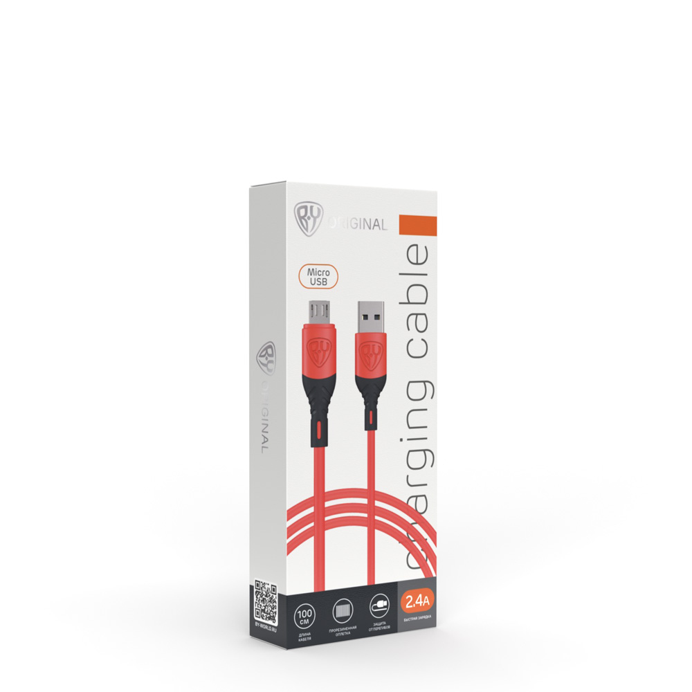 Кабель для зарядки USB(A)-microUSB BY Карнавал, 1м, 2,4А, красный, арт.№ 931-238