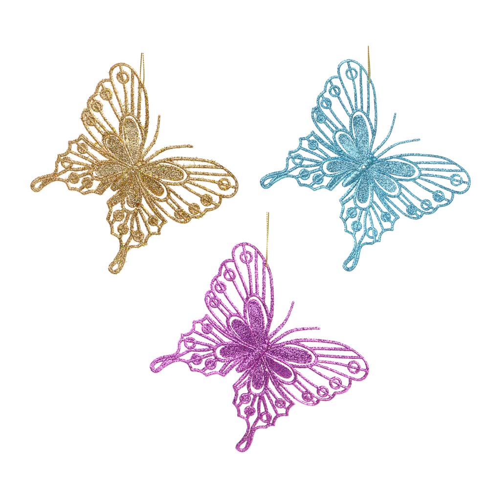 СНОУ БУМ Набор подвесок 3 шт. в виде бабочек, глиттер, золотой, голубой, фуксия пластик, 13см, арт.№ 374-379