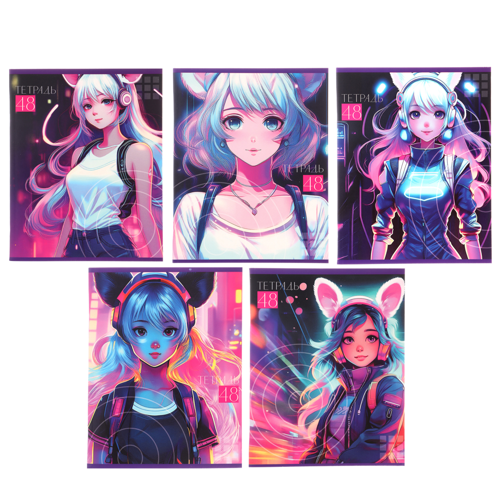 Тетрадь 48л. ClipStudio А5 "Аниме" в клетку, офсет, обложка мел.картон, скрепка, ВД- лак, 5 диз., арт.№ 578-009