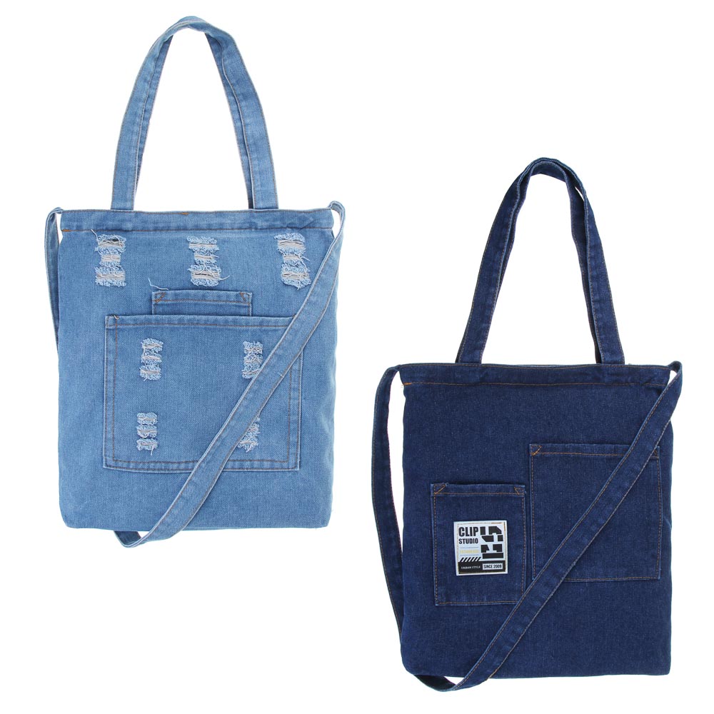 Джинс Сумка-шоппер, 35x37x7см, молния, 2 ручки, ремень, 2 накл.кармана, нашивка, джинса, 2 вида, арт.№ 090-098