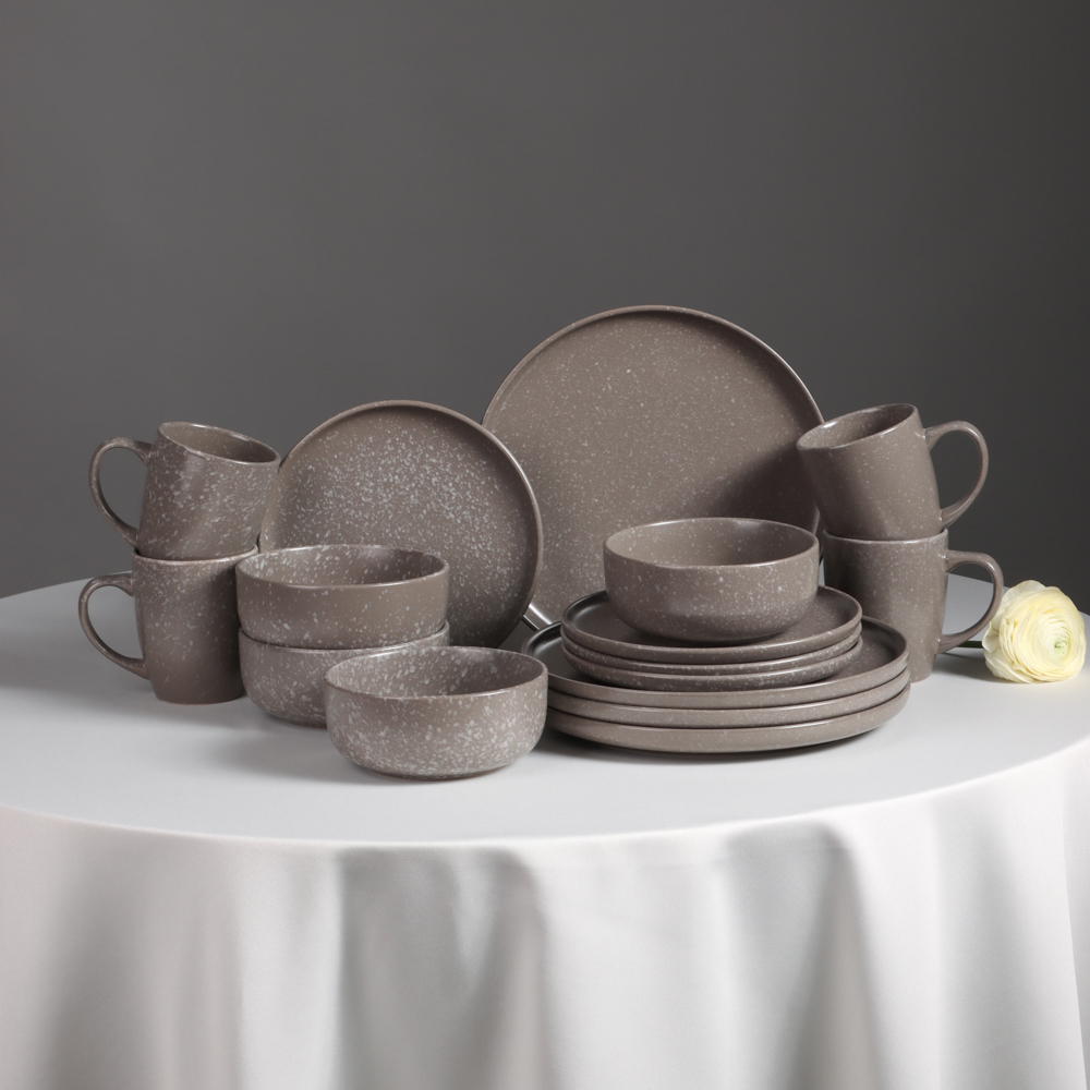 MILLIMI Набор столовой посуды 16 предметов (тарелка 26 см - 4 шт., тарелка 20 см - 4 шт., салатник 14 см - 4 шт., кружка 340 мл - 4 шт.) керамика, серый, арт.№ 824-174