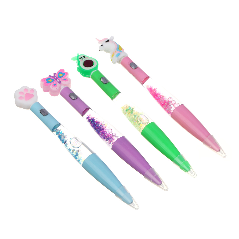 Ручка шариковая синяя, фигурный наконечник, подсветка и блестки в корпусе 17-18см, пластик, 4 диз., арт.№ 591-018