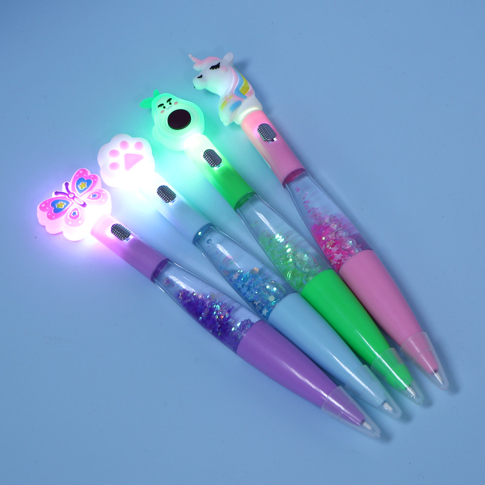 Ручка шариковая синяя, фигурный наконечник, подсветка и блестки в корпусе 17-18см, пластик, 4 диз., арт.№ 591-018