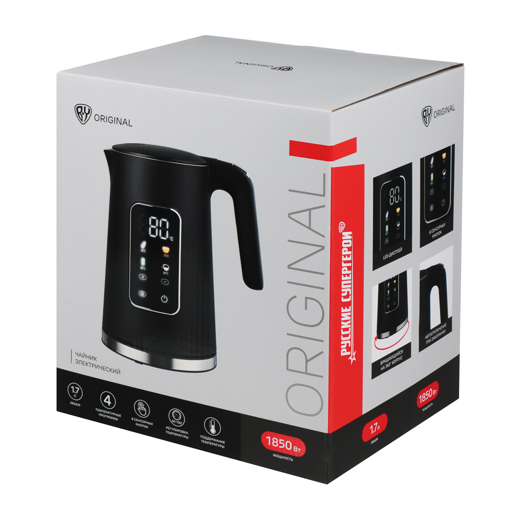 BY Русские Супергерои Чайник электрический, 1,7 л, 1850 Вт, c дисплеем, нерж.сталь, пластик, черный, арт.№ 291-131