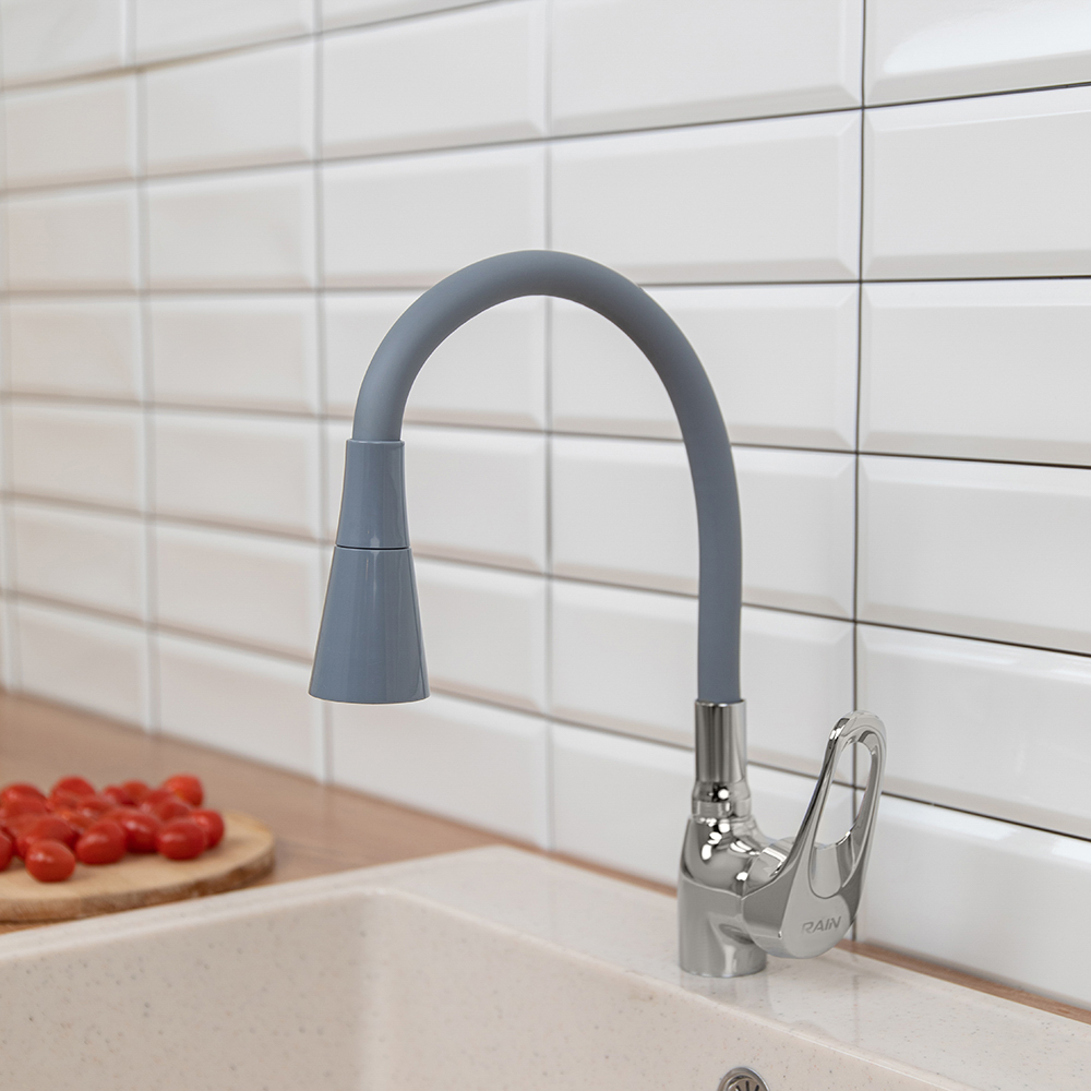 RAIN Смеситель для кухни Веста, гибкий излив, картридж 40мм, латунь, серый/хром, арт.№ 561-008